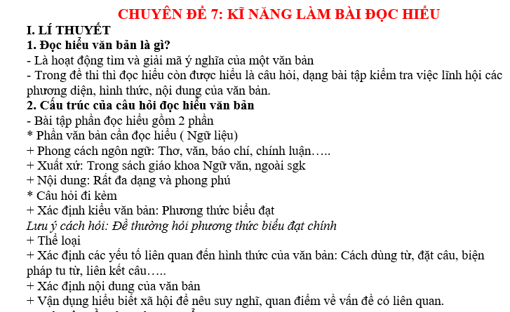 BỘ CHUYÊN ĐỀ VĂN LỚP 7 CHUYÊN ĐỀ 7: KĨ NĂNG LÀM BÀI ĐỌC HIỂU