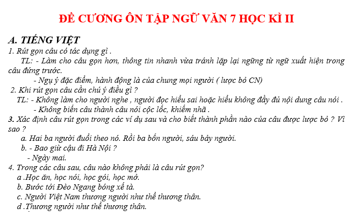 ĐỀ CƯƠNG ÔN TẬP NGỮ VĂN 7-HỌC KÌ II