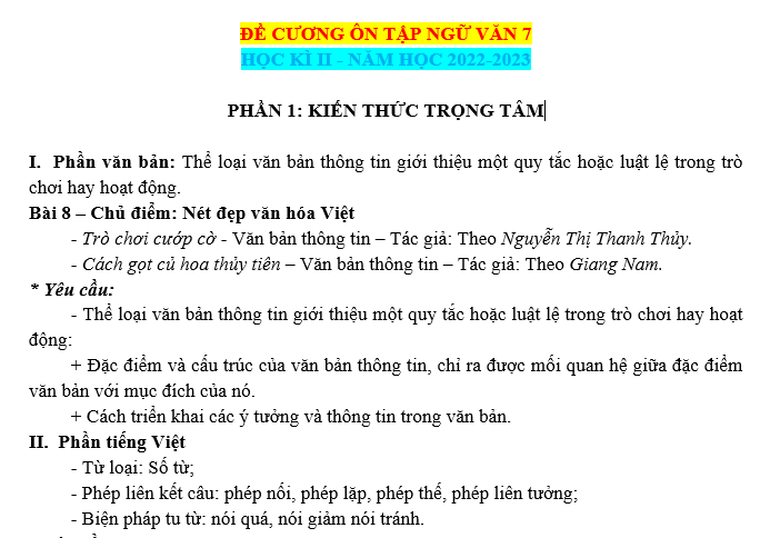 ĐỀ CƯƠNG ÔN TẬP NGỮ VĂN 7 HỌC KÌ II-NĂM HỌC 2022-2023