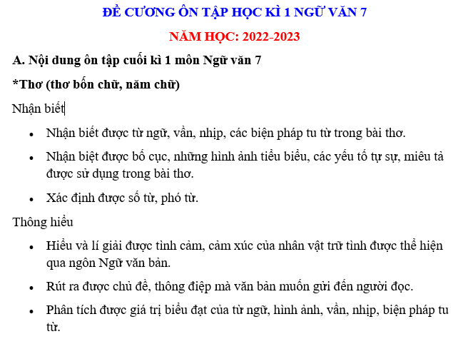 ĐỀ CƯƠNG ÔN TẬP HỌC KÌ 1 NGỮ VĂN 7 NĂM HỌC 2022-2023