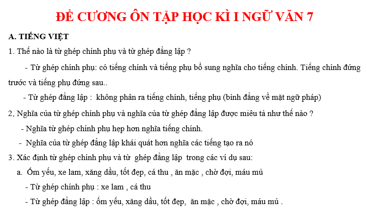 BỘ ĐỀ CƯƠNG ÔN TẬP HỌC KÌ I NGỮ VĂN 7 