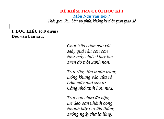 BỘ ĐỀ KIỂM TRA CUỐI HỌC KÌ I Môn Ngữ VĂN lớp 7