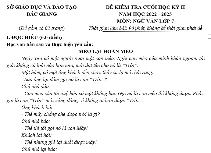 BỘ ĐỀ KT CUỐI HỌC KỲ II NĂM HỌC 2022-2023 MÔN NGỮ VĂN LỚP 7