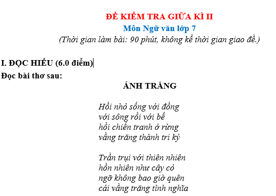 BỘ ĐỀ KIỂM TRA GIỮA KÌ HK II Môn Ngữ văn lớp 7