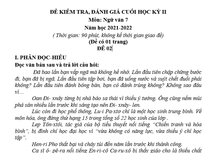 ĐỀ KIỂM TRA, ĐÁNH GIÁ CUỐI HỌC KỲ II Môn:Ngữ văn 7