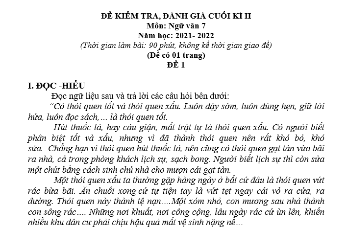 ĐỀ KIỂM TRA, ĐÁNH GIÁ CUỐI KÌ II Môn:Ngữ văn 7 Năm học:2021-2022