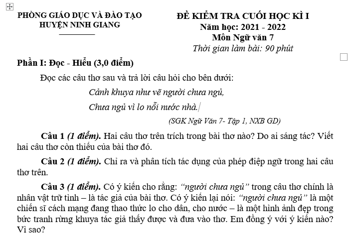 ĐỀ KIỂM TRA CUỐI HỌC KÌ I Năm học:2021-2022 Môn Ngữ văn 7