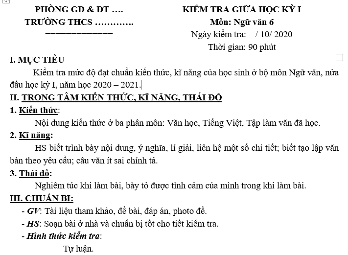 KIỂM TRA GIỮA HỌC KỲ I Môn: Ngữ văn 6,7,8,9