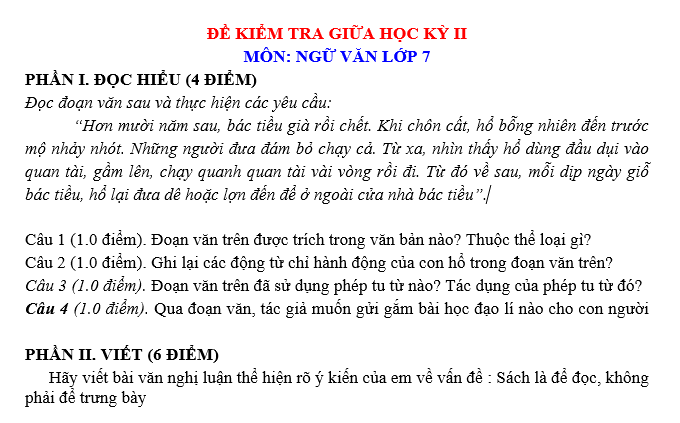 Đề kiểm tra giữa kì II năm học 2021-2022 môn Văn lớp 7