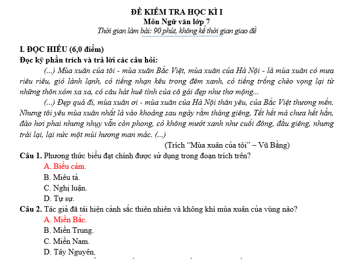 ĐỀ KIỂM TRA HỌC KÌ I Môn Ngữ văn lớp 7 Có Đáp Án