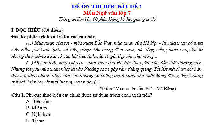 bai van mau lop 7-ĐỀ ÔN THI HỌC KÌ I-ĐỀ 1 Môn Ngữ văn lớp 7