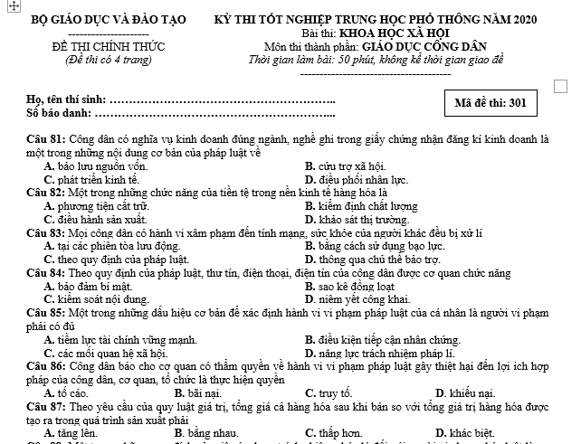 bo de thi, tổ hợp khxh, giải gdcd 12, giao duc cong dan 12, giao duc cong dan lop 12, thi THPT Quốc Gia,