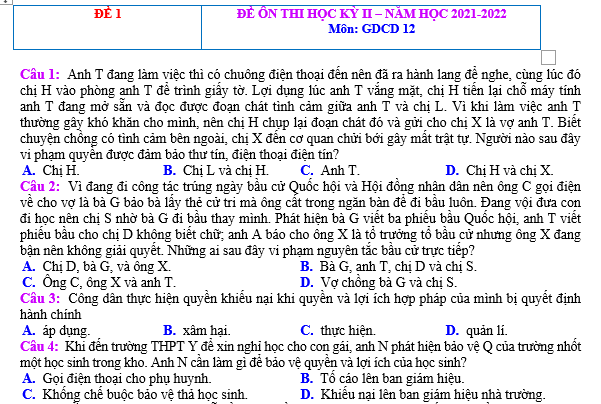 BỘ ĐỀ KIỂM TRA THI HK GDCD LỚP 12(BỘ 7)  Để đảm bảo việc kiểm tra năng lực của học sinh và giúp họ vững tâm lý khi vào mùa thi, việc sử dụng bộ đề kiểm tra thi Học kỳ môn Giáo dục công dân lớp 12 (Bộ 7) là một phương pháp hiệu quả. Bộ đề này không chỉ giúp học sinh ôn tập môn học mà còn giúp họ làm quen với cấu trúc đề thi chính thức và nắm vững kiến thức cần thiết.  Đặc biệt, bộ đề này được thiết kế để bám sát các đề thi chính thức, từ đó giúp học sinh nắm bắt được định hướng kiến thức và chuẩn bị tốt nhất cho kỳ thi sắp tới. Việc ôn luyện trước khi bước vào mùa thi là cực kỳ quan trọng, và bộ đề kiểm tra này sẽ là kho tài liệu hữu ích để học sinh nắm vững kiến thức và chuẩn bị tinh thần cho kỳ thi sắp tới.  Bộ đề kiểm tra thi Học kỳ môn Giáo dục công dân lớp 12 (Bộ 7) được chọn lọc kỹ càng, từ đó đảm bảo tính chất chất lượng và tính khả thi của việc ôn luyện. Đồng thời, việc có đáp án kèm theo bộ đề cũng giúp học sinh tự kiểm tra và tự đánh giá năng lực của mình một cách chính xác nhất.  Chúng tôi tin rằng, việc sử dụng bộ đề kiểm tra thi Học kỳ môn Giáo dục công dân lớp 12 (Bộ 7) sẽ giúp học sinh vững tâm lý khi vào mùa thi, từ đó tạo ra cơ hội thành công cao nhất cho các em trong kỳ thi sắp tới. Hãy cùng ôn luyện và chuẩn bị tốt nhất cho kỳ thi của mình!