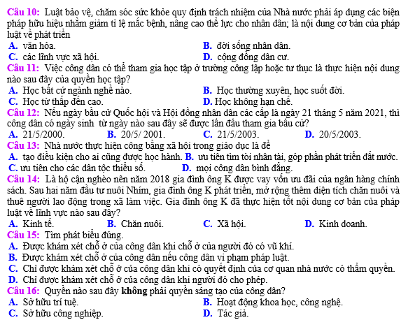 BỘ ĐỀ KIỂM TRA THI HK GDCD LỚP 12(BỘ 7)  Để đảm bảo việc kiểm tra năng lực của học sinh và giúp họ vững tâm lý khi vào mùa thi, việc sử dụng bộ đề kiểm tra thi Học kỳ môn Giáo dục công dân lớp 12 (Bộ 7) là một phương pháp hiệu quả. Bộ đề này không chỉ giúp học sinh ôn tập môn học mà còn giúp họ làm quen với cấu trúc đề thi chính thức và nắm vững kiến thức cần thiết.  Đặc biệt, bộ đề này được thiết kế để bám sát các đề thi chính thức, từ đó giúp học sinh nắm bắt được định hướng kiến thức và chuẩn bị tốt nhất cho kỳ thi sắp tới. Việc ôn luyện trước khi bước vào mùa thi là cực kỳ quan trọng, và bộ đề kiểm tra này sẽ là kho tài liệu hữu ích để học sinh nắm vững kiến thức và chuẩn bị tinh thần cho kỳ thi sắp tới.  Bộ đề kiểm tra thi Học kỳ môn Giáo dục công dân lớp 12 (Bộ 7) được chọn lọc kỹ càng, từ đó đảm bảo tính chất chất lượng và tính khả thi của việc ôn luyện. Đồng thời, việc có đáp án kèm theo bộ đề cũng giúp học sinh tự kiểm tra và tự đánh giá năng lực của mình một cách chính xác nhất.  Chúng tôi tin rằng, việc sử dụng bộ đề kiểm tra thi Học kỳ môn Giáo dục công dân lớp 12 (Bộ 7) sẽ giúp học sinh vững tâm lý khi vào mùa thi, từ đó tạo ra cơ hội thành công cao nhất cho các em trong kỳ thi sắp tới. Hãy cùng ôn luyện và chuẩn bị tốt nhất cho kỳ thi của mình!