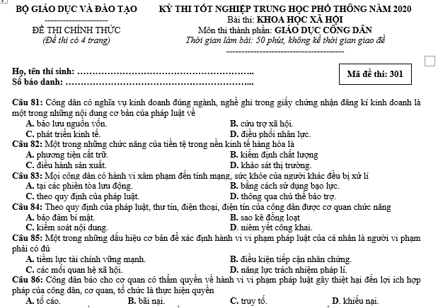 bo de thi, tổ hợp khxh, giải gdcd 12, giao duc cong dan 12, giao duc cong dan lop 12, thi THPT Quốc Gia,