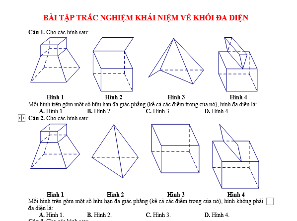 BỘ BÀI TẬP MÔ#baitaptoanlop12, #baitoanlop12, #logaritlop12, #giaitoan12, #dethihk1montoanlop12, #dethithutoan12, #côngthứchìnhhoc12, #hinhhoclop12, #thithptqg,N TOÁN LỚP 12 CHỦ ĐỀ KHÁI NIỆM VỀ KHỐI ĐA DIỆN  Trong quá trình học tập môn Toán, việc ôn tập và kiểm tra kiến thức là một phần quan trọng giúp học sinh nắm vững và phát triển toàn diện. Đặc biệt, khi bước vào mùa thi, việc ôn luyện kĩ càng cẩn thận sẽ giúp học sinh tự tin và chuẩn bị tốt nhất cho kỳ thi sắp tới.  Bộ bài tập môn Toán lớp 12 chủ đề khái niệm về khối đa diện được biên soạn nhằm mục đích kiểm tra và ôn luyện kiến thức mà học sinh đã học trong năm học vừa qua. Bộ bài tập này cũng có đáp án đi kèm, giúp học sinh tự kiểm tra và rút kinh nghiệm từ những bài tập đã làm.  Việc ôn luyện môn Toán không chỉ giúp học sinh củng cố kiến thức mà còn giúp phát triển tư duy logic, khả năng giải quyết vấn đề và sự kiên nhẫn. Đây là những kỹ năng quan trọng không chỉ trong học tập mà còn trong cuộc sống sau này.  Chúng tôi cam kết cập nhật và mang đến những bài tập mới nhất, liên tục để hỗ trợ học sinh trong quá trình ôn luyện. Qua việc ôn luyện cẩn thận, học sinh sẽ có cơ hội nắm vững kiến thức và chuẩn bị tốt nhất cho kỳ thi sắp tới.  Hy vọng rằng bộ bài tập môn Toán lớp 12 chủ đề khái niệm về khối đa diện sẽ giúp học sinh có được sự chuẩn bị tốt nhất và phát triển toàn diện trong quá trình học tập. Chúc các em thành công!