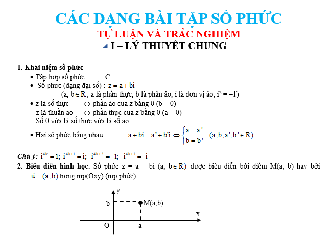 BỘ TÀI LIỆU CÁC DẠNG BÀI TẬP SỐ PHỨC MÔN TOÁN LỚP 12  Bài toán về số phức là một phần quan trọng trong chương trình môn Toán lớp 12. Để giúp học sinh nắm vững kiến thức và rèn luyện kỹ năng giải các dạng bài tập liên quan đến số phức, dưới đây là một bộ tài liệu cung cấp các dạng bài tập và bài giải chi tiết.  I. Bài tập cơ bản về số phức: 1. Tính tổng, hiệu, tích, thương của hai số phức. 2. Tìm module và argument của số phức. 3. Giải phương trình có ẩn số là số phức. 4. Tìm các số phức thỏa mãn điều kiện cho trước.  II. Bài tập vận dụng: 1. Ứng dụng số phức trong giải bài toán hình học. 2. Sử dụng số phức để giải các bài toán vật lý, điện tử. 3. Áp dụng số phức trong giải các bài toán liên quan đến dao động cơ.  III. Bài tập nâng cao: 1. Giải các bài toán có nhiều số phức kết hợp với các phép toán khác nhau. 2. Sử dụng số phức để giải các bài toán phức tạp về hệ phương trình.  Bộ tài liệu này không chỉ cung cấp các dạng bài tập mà còn kèm theo lời giải chi tiết, giúp học sinh hiểu rõ từng bước giải và cách áp dụng kiến thức vào thực tế. Hy vọng rằng bộ tài liệu này sẽ là công cụ hữu ích giúp học sinh rèn luyện và nâng cao kỹ năng giải các bài tập số phức môn Toán lớp 12.