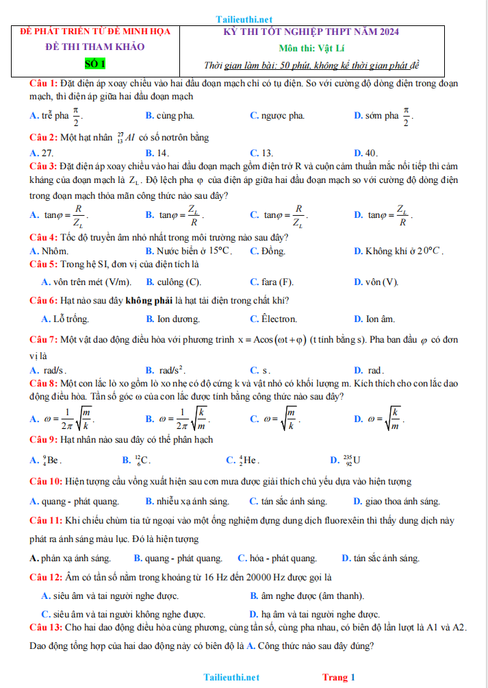 Đề Ôn Thi Tốt Nghiệp Môn Lý 2024 Bám Sát Đề Minh Họa