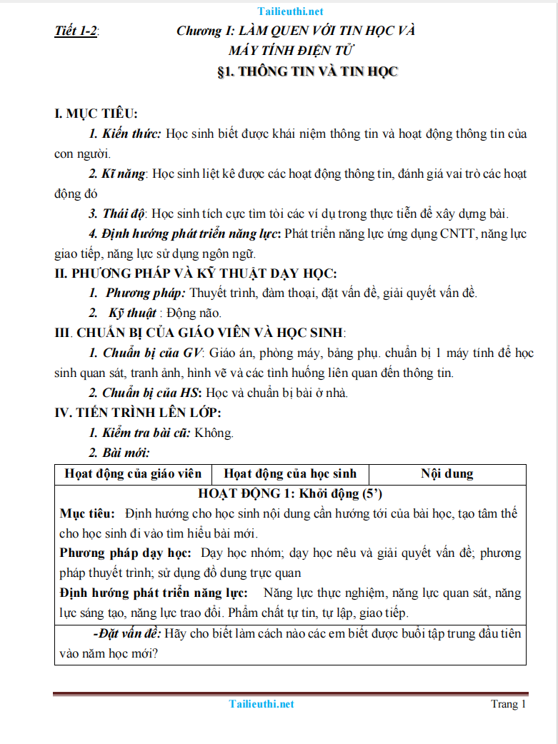 Giáo Án Tin Học 6 Phương Pháp Mới Theo CV 5512 Phát Triển Năng Lực Cả Năm