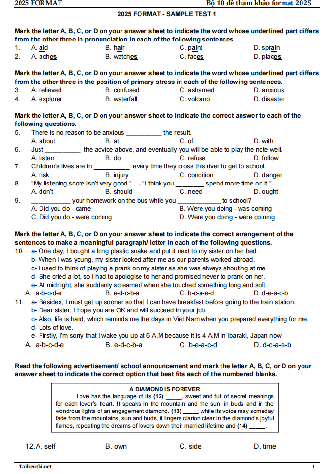 Bộ 10 đề tham khảo Format 2025 môn Tiếng Anh