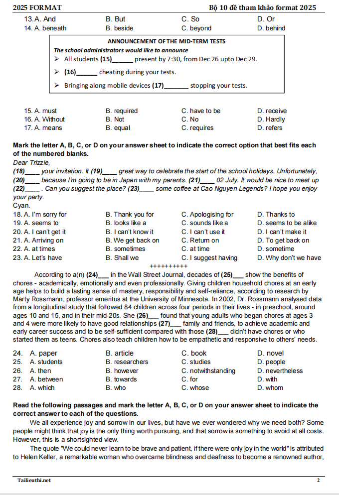 Bộ 10 đề tham khảo Format 2025 môn Tiếng Anh