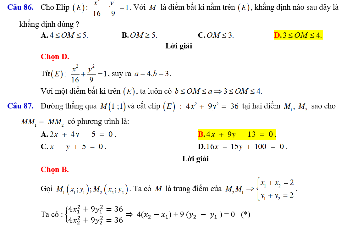 BÀI TẬP TRẮC NGHIỆM ĐƯỜNG ELIP