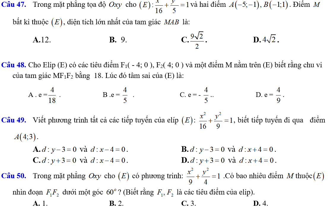 BÀI TẬP TRẮC NGHIỆM ĐƯỜNG ELIP