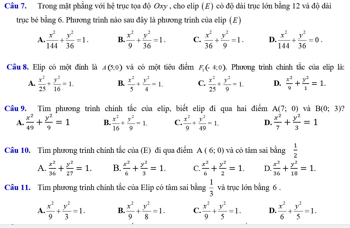 BÀI TẬP TRẮC NGHIỆM ĐƯỜNG ELIP