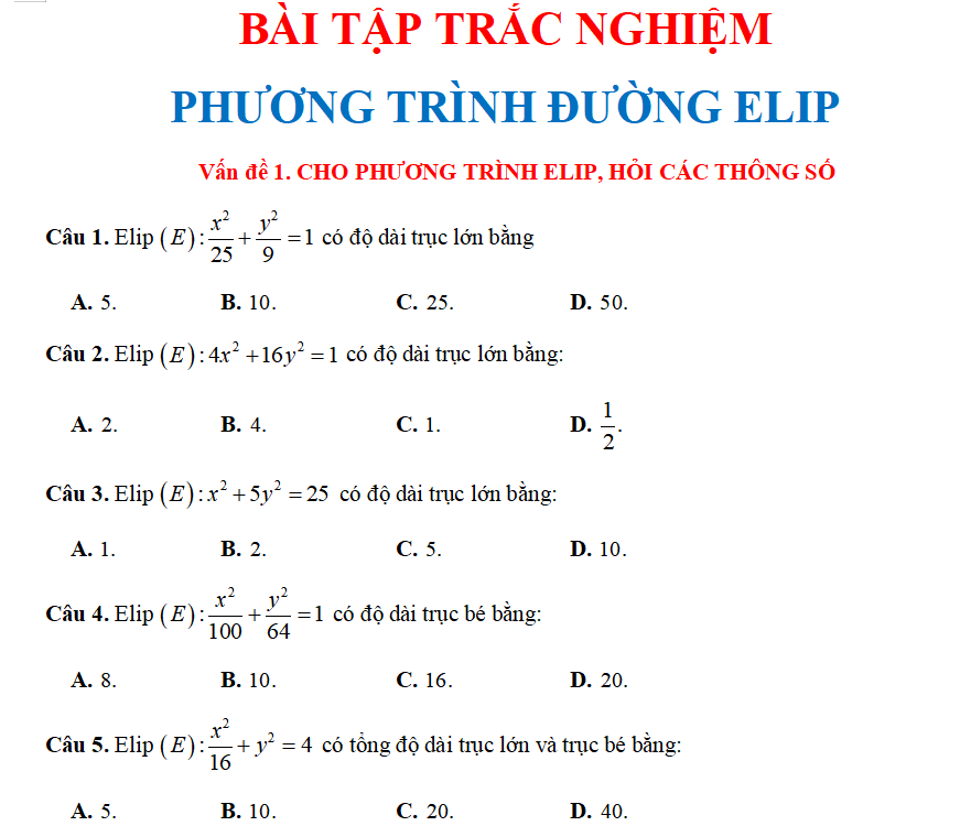 TRẮC NGHIỆM TOÁN ELIP