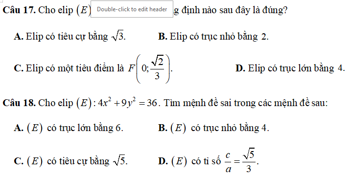 TRẮC NGHIỆM TOÁN ELIP