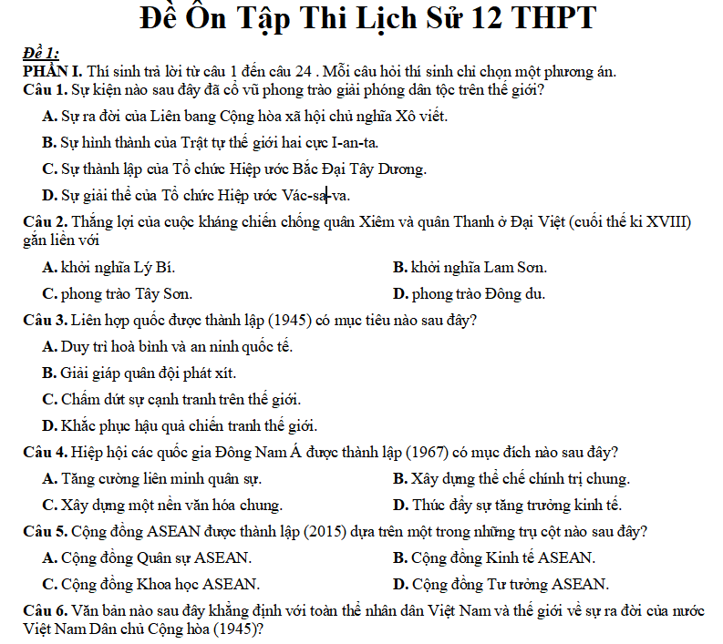 ĐỀ ÔN TẬP LỊCH SỬ 12 THPT