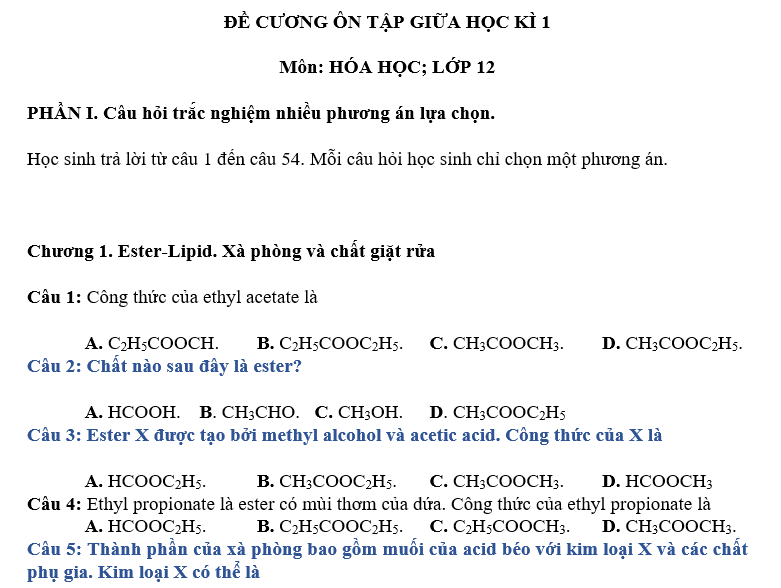 ĐỀ CƯƠNG ÔN TẬP GIỮA HỌC KÌ 1 HÓA HỌC 12