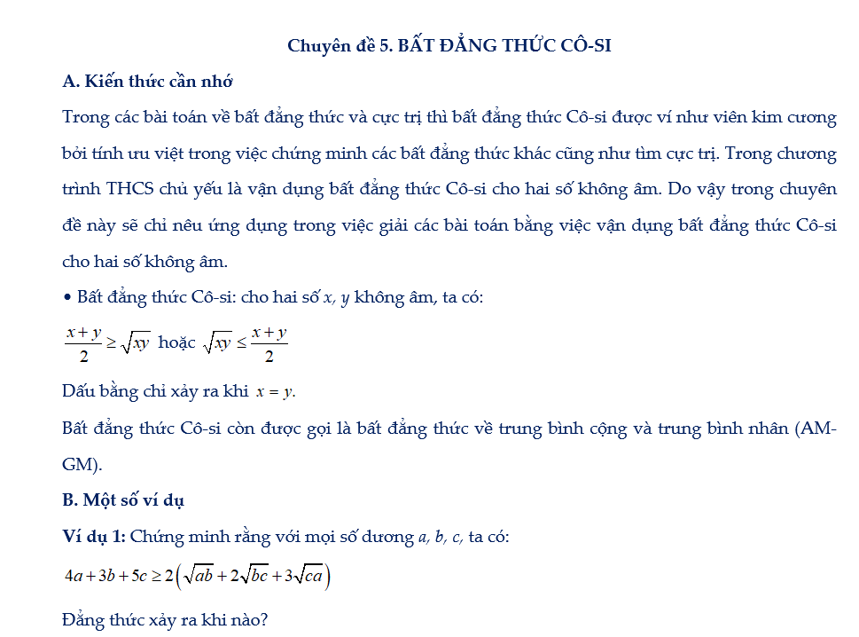 bất đẳng thức cosi lớp 9